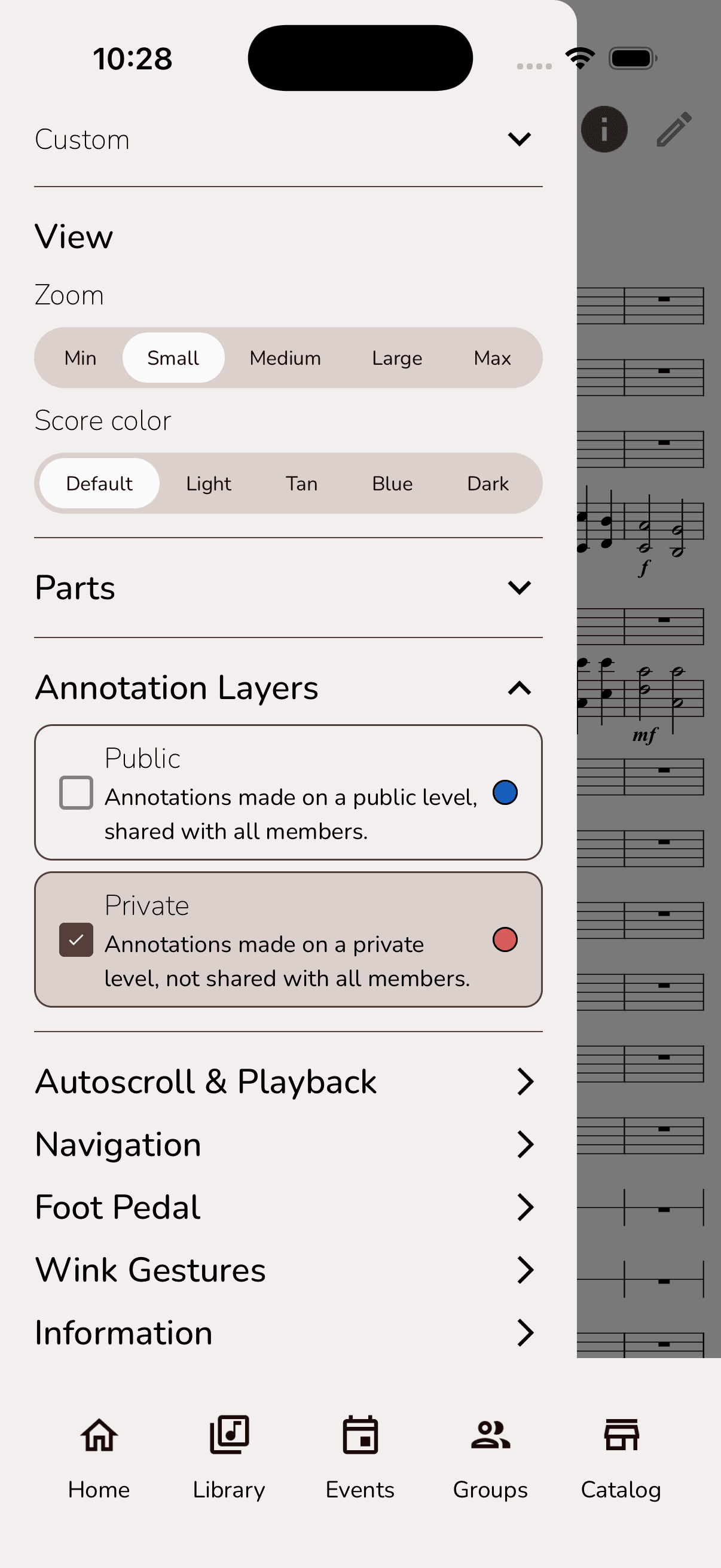Musync Score Settings with only the Private annotation layer enabled