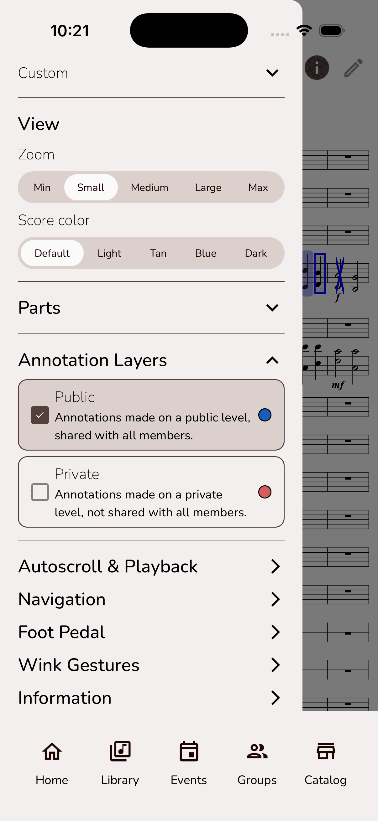 Musync Score Settings with only the Public annotation layer enabled