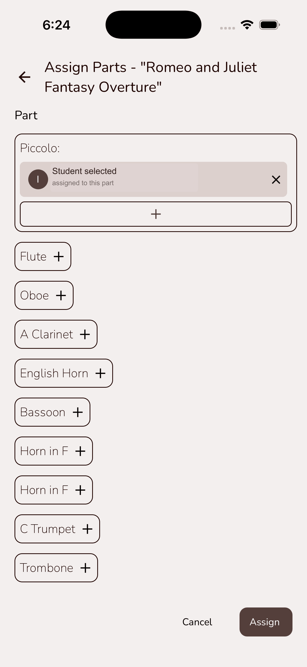 Musync Assign Parts screen showing a demo student assigned to a score part