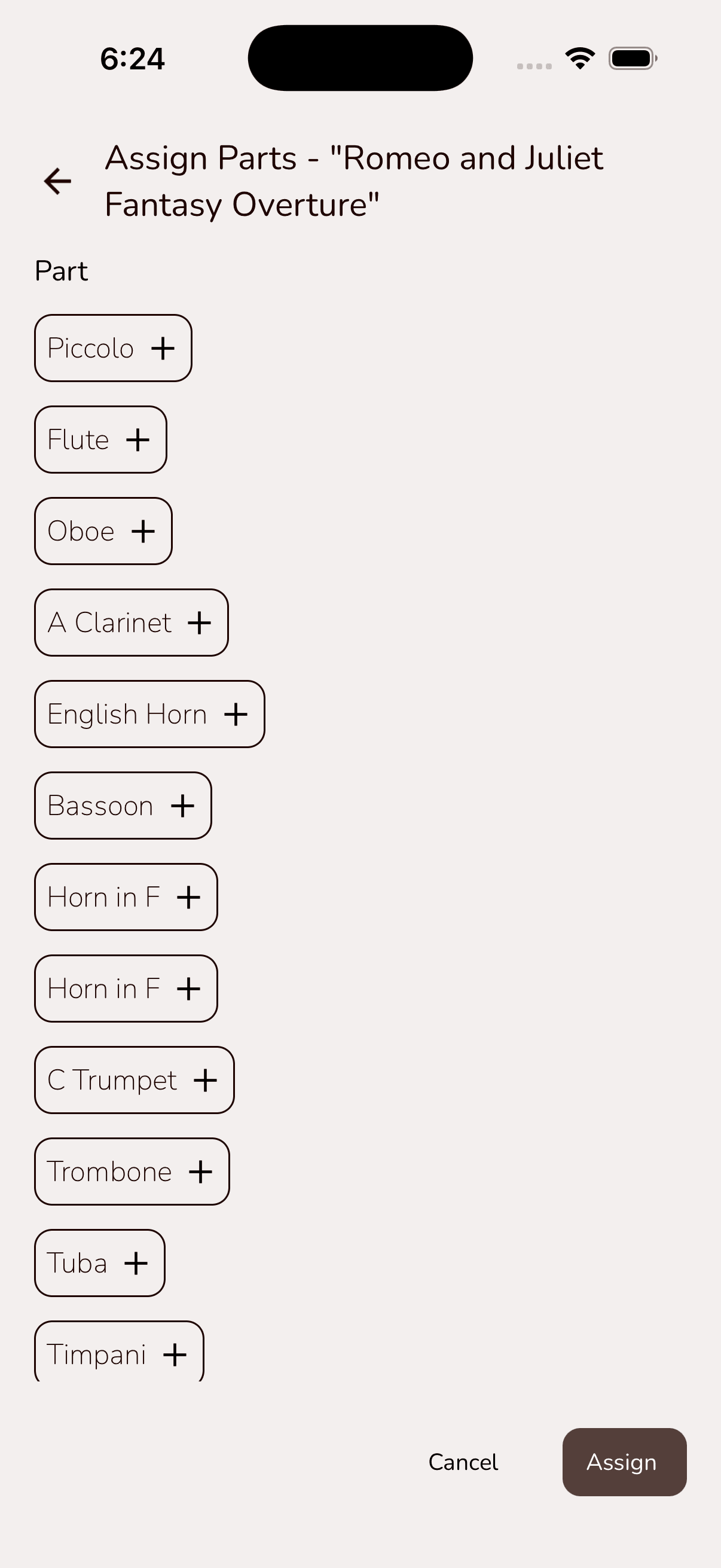 Musync Assign Parts screen listing demo classical score parts