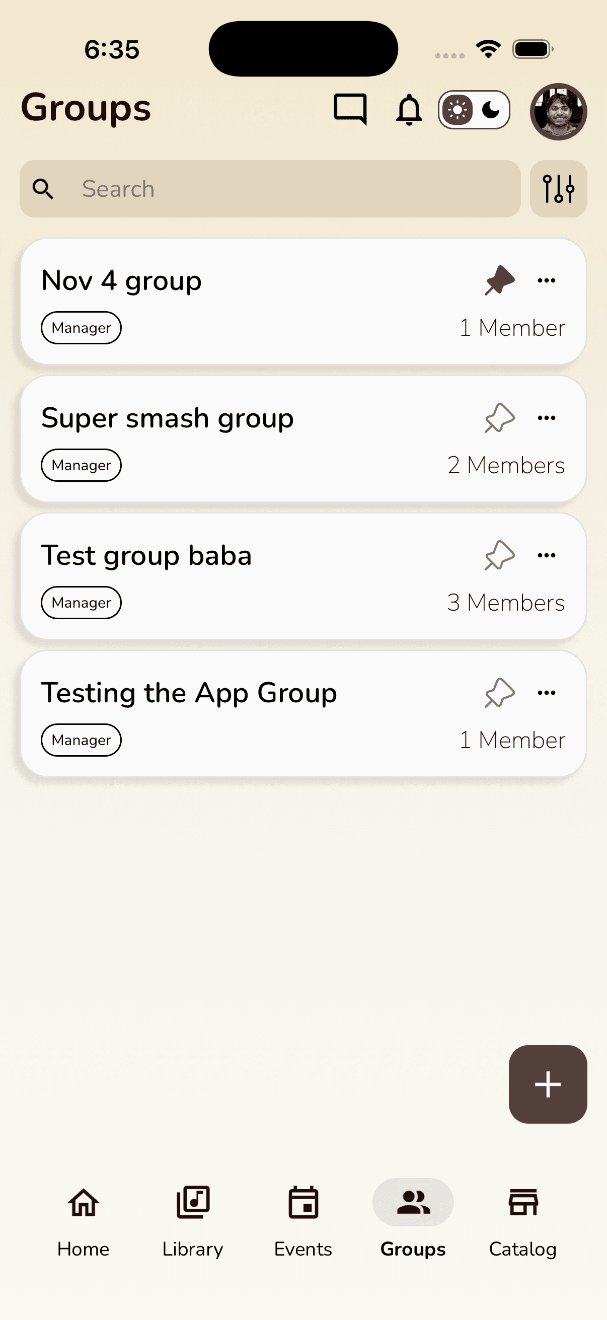 Musync Groups tab showing classical piano studio groups where the teacher is a manager