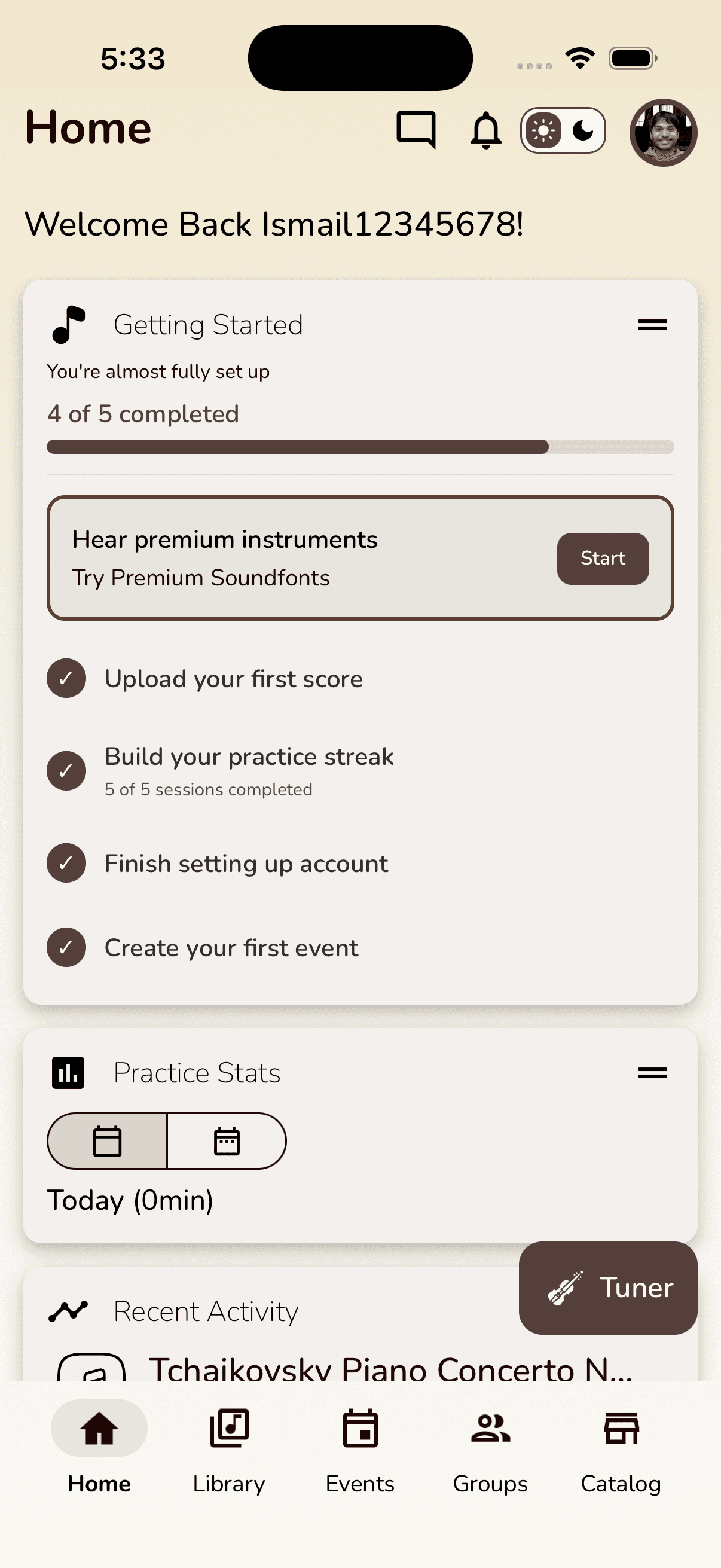 Musync home screen on a teacher account
