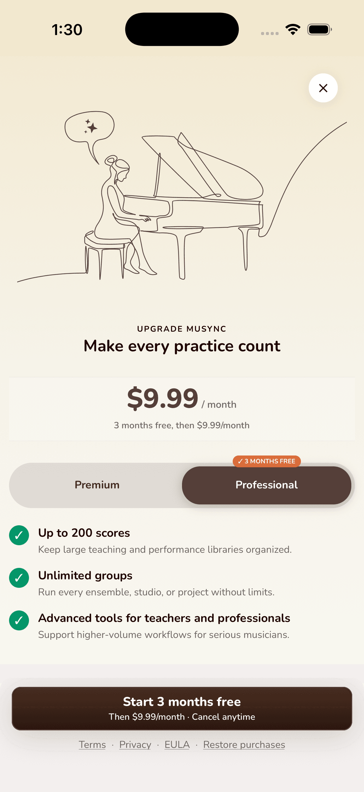 Musync upgrade screen showing TEACHER3FREE applied to the Professional plan for 3 months free