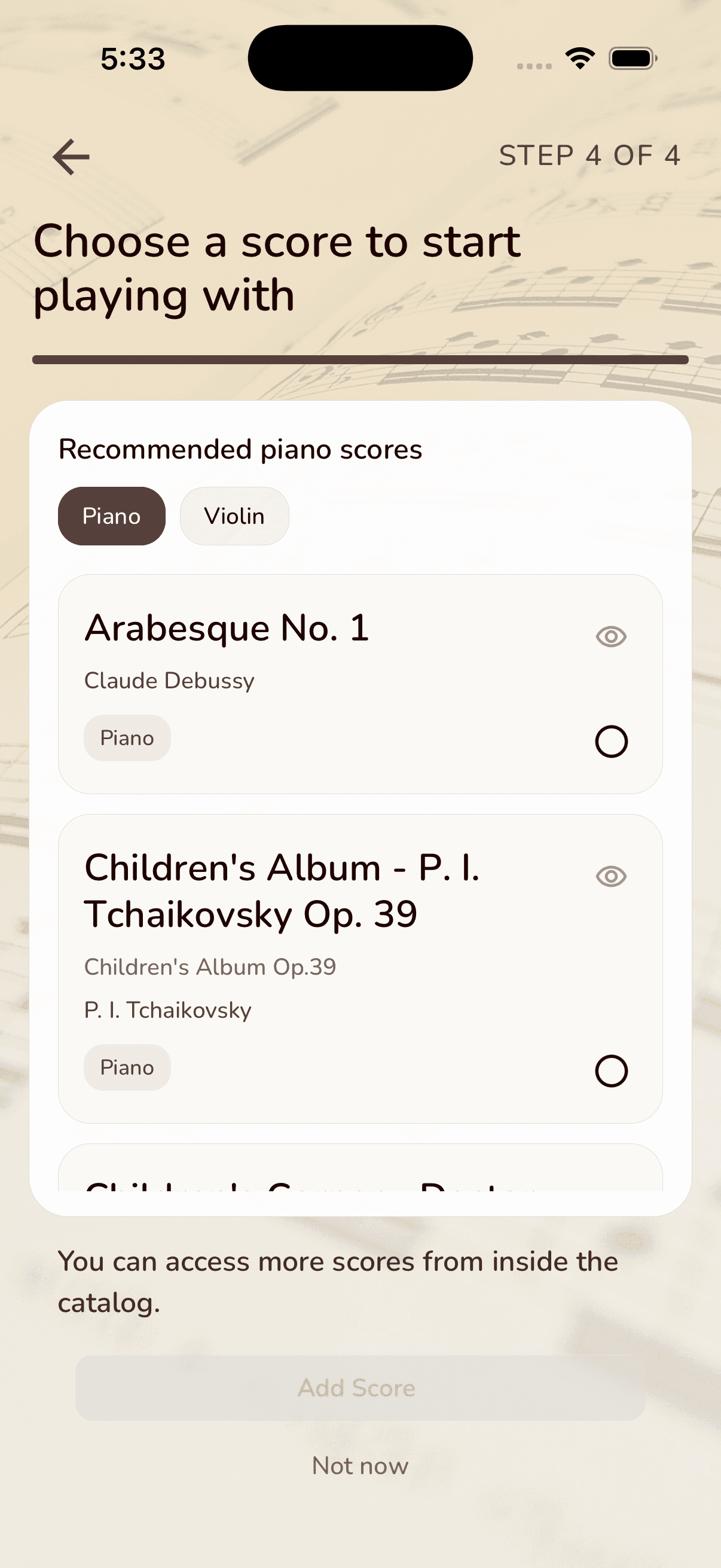 Musync score picker showing recommended classical piano scores